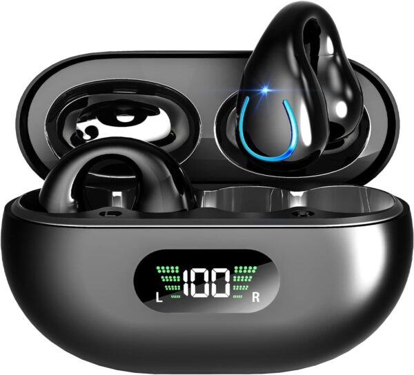 Ultra Open Ear Earbuds, Bone Conduction Headphones Clip-On Wireless Earphone Bluetooth 5.3 with 4 HD Mics Ultra Lightweight Comfort for Small Ears, Waterproof Sports Ear Buds for Sports and Fitness