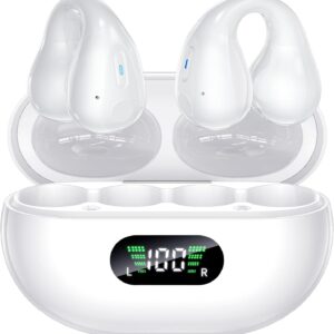 Open Ear Clip Wireless Earbuds Bluetooth 5.3, Sports Earphones Built-in Microphone with Earhooks & Ear Hook, Wireless Charging Case & Display, Waterproof Fitness Headphones for Sports,White