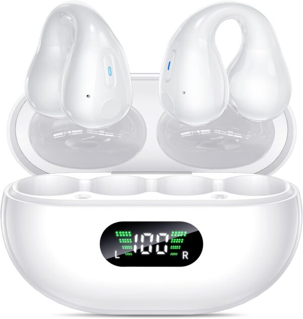 Open Ear Clip Wireless Earbuds Bluetooth 5.3, Sports Earphones Built-in Microphone with Earhooks & Ear Hook, Wireless Charging Case & Display, Waterproof Fitness Headphones for Sports,White
