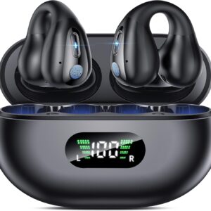 Open Ear Clip Wireless Earbuds Bluetooth 5.3, Sports Earphones Built-in Microphone with Earhooks & Ear Hook, Wireless Charging Case & Display, Waterproof Fitness Headphones for Sports,Black