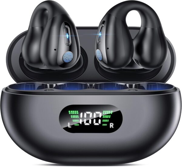 Open Ear Clip Wireless Earbuds Bluetooth 5.3, Sports Earphones Built-in Microphone with Earhooks & Ear Hook, Wireless Charging Case & Display, Waterproof Fitness Headphones for Sports,Black