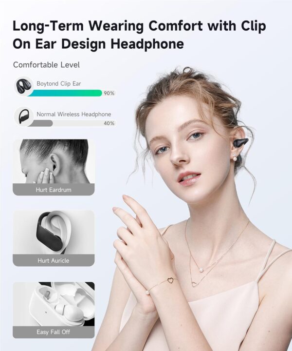 Open Ear Clip Wireless Earbuds Bluetooth 5.3, Sports Earphones Built-in Microphone with Earhooks & Ear Hook, Wireless Charging Case & Display, Waterproof Fitness Headphones for Sports,Black - Image 2