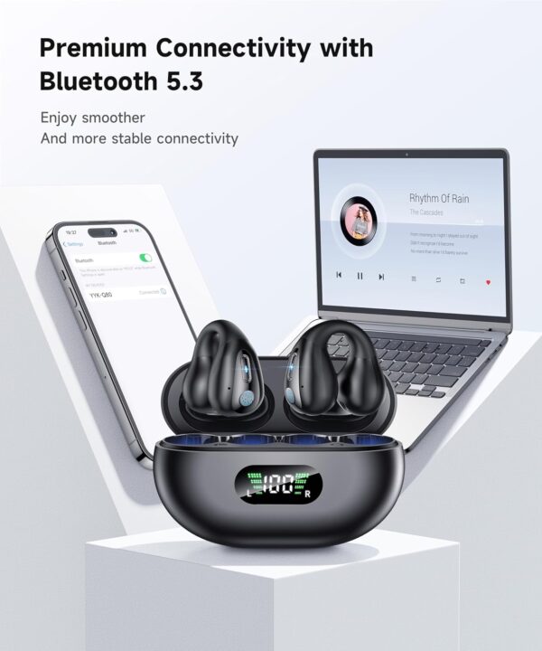Open Ear Clip Wireless Earbuds Bluetooth 5.3, Sports Earphones Built-in Microphone with Earhooks & Ear Hook, Wireless Charging Case & Display, Waterproof Fitness Headphones for Sports,Black - Image 3