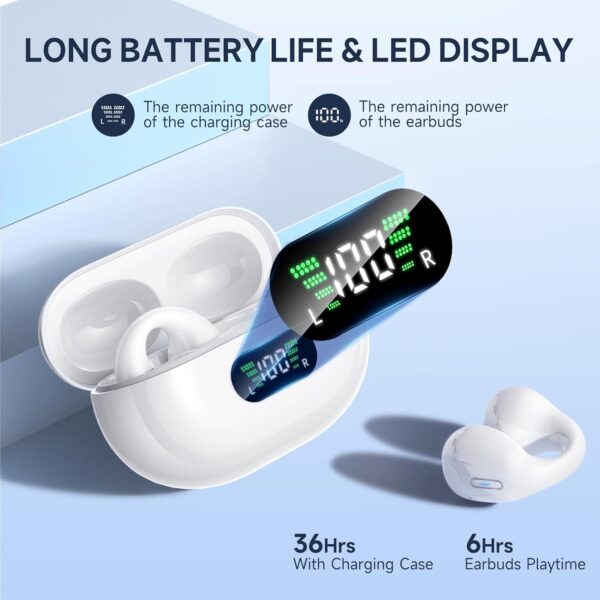 Open Ear Clip Wireless Earbuds Bluetooth 5.3, Sports Earphones Built-in Microphone with Earhooks & Ear Hook, Wireless Charging Case & Display, Waterproof Fitness Headphones for Sports,White - Image 4
