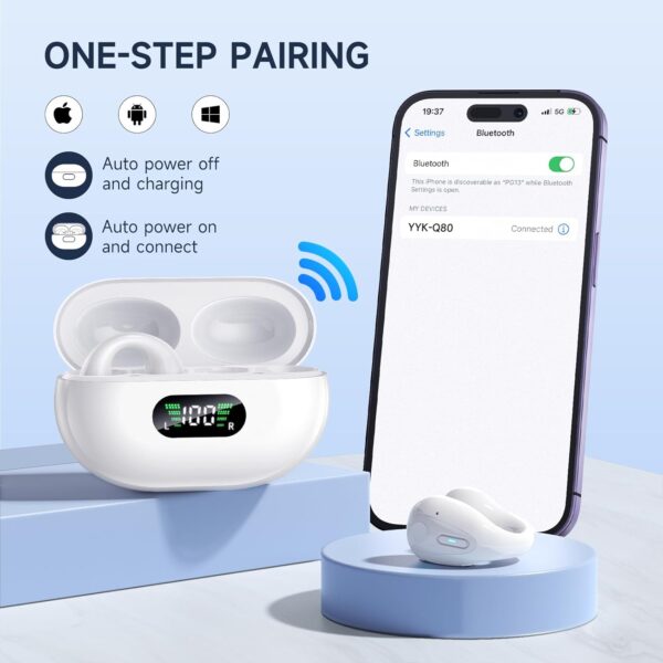 Open Ear Clip Wireless Earbuds Bluetooth 5.3, Sports Earphones Built-in Microphone with Earhooks & Ear Hook, Wireless Charging Case & Display, Waterproof Fitness Headphones for Sports,White - Image 5
