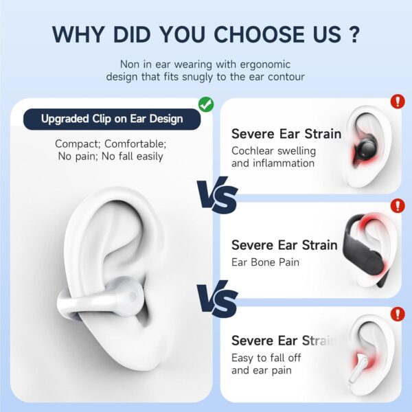 Open Ear Clip Wireless Earbuds Bluetooth 5.3, Sports Earphones Built-in Microphone with Earhooks & Ear Hook, Wireless Charging Case & Display, Waterproof Fitness Headphones for Sports,White - Image 6