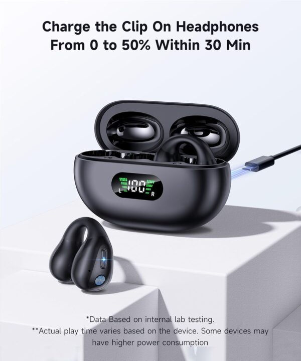Open Ear Clip Wireless Earbuds Bluetooth 5.3, Sports Earphones Built-in Microphone with Earhooks & Ear Hook, Wireless Charging Case & Display, Waterproof Fitness Headphones for Sports,Black - Image 6