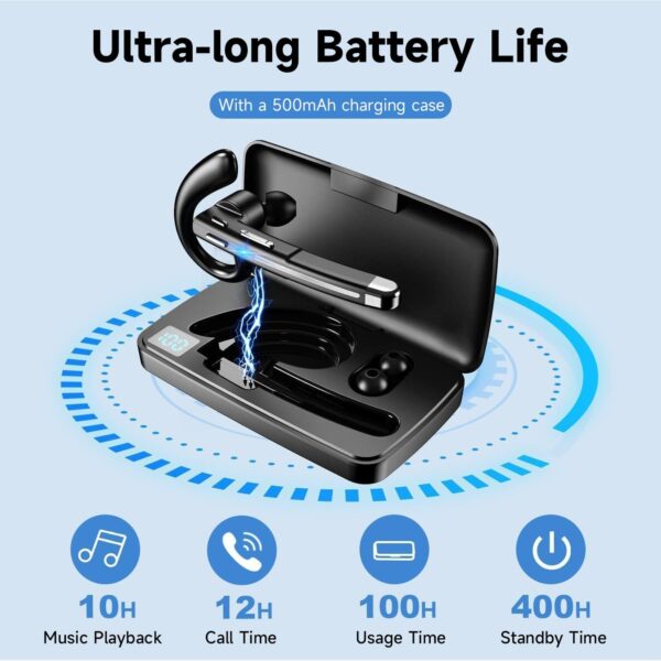 Bluetooth Headset V5.3,100 Hrs Talk Time Single-Ear Earphone, CVC8.0 Noise Cancelling Wireless Earbud, Business Earbud with 500 mAh Charging Case, Hands-Free Earpiece for Trucker/Home/Office Work - Image 3